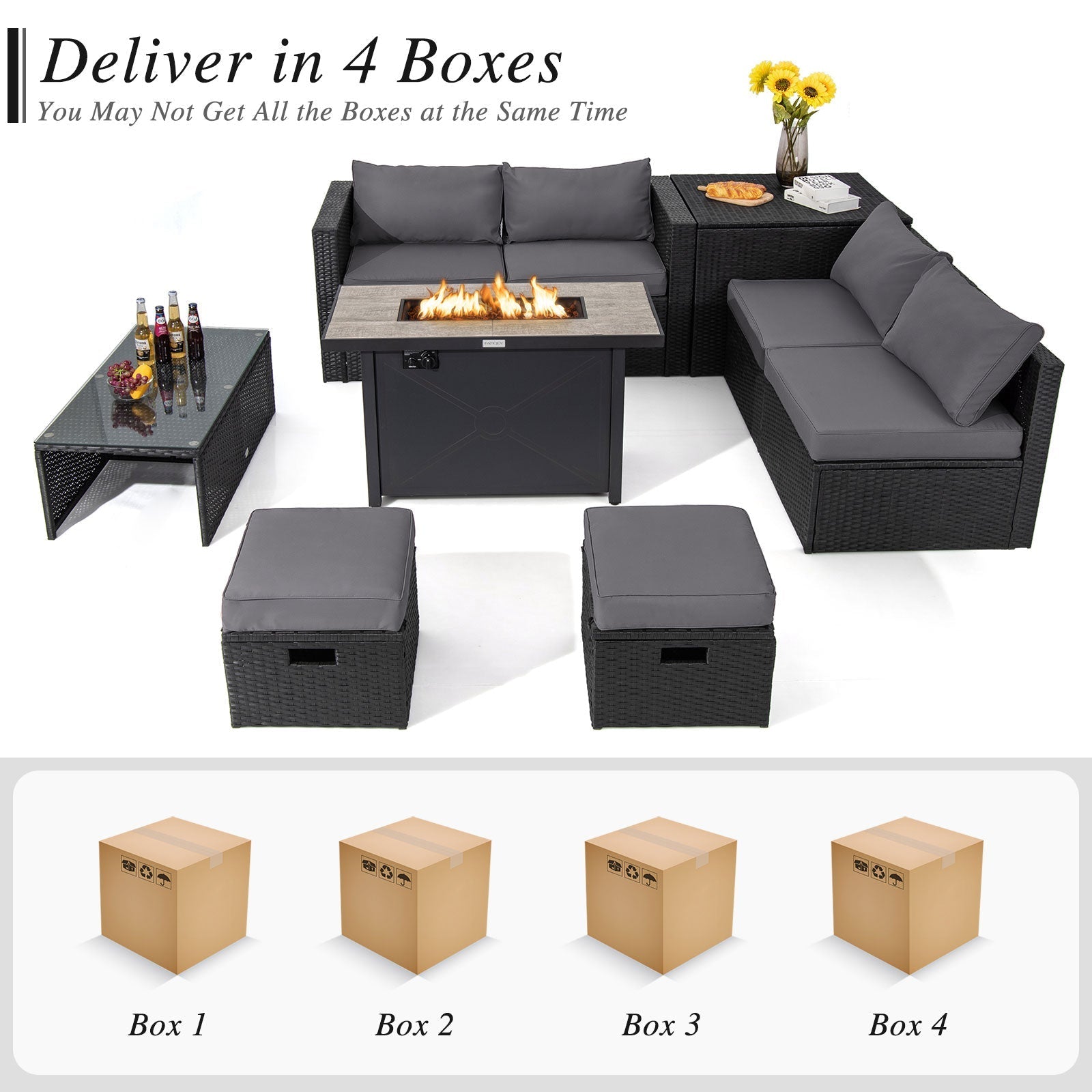 9 Pieces Outdoor PE Rattan Wicker Sectional Sofa with 42 Inch 60 000 BTU Gas Fire Pit Table